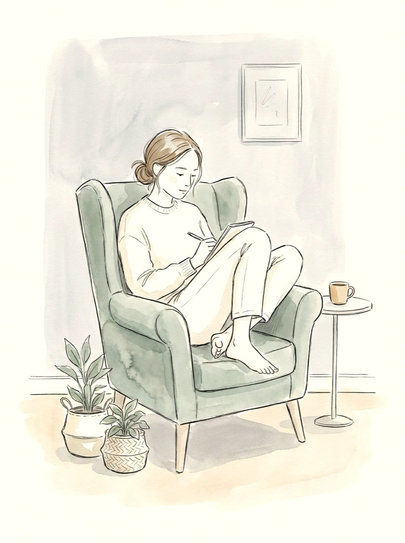 Watercolor illustration of a woman writing in a journal, curled into an armchair in the evening