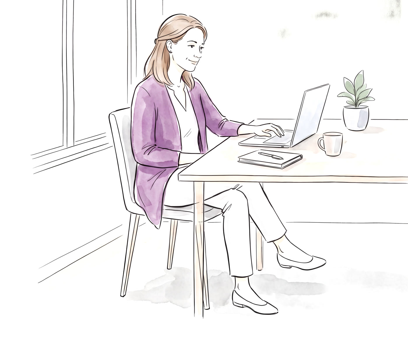 Watercolor illustration of a therapist working at a sunlit desk with a laptop, notebook, and plant