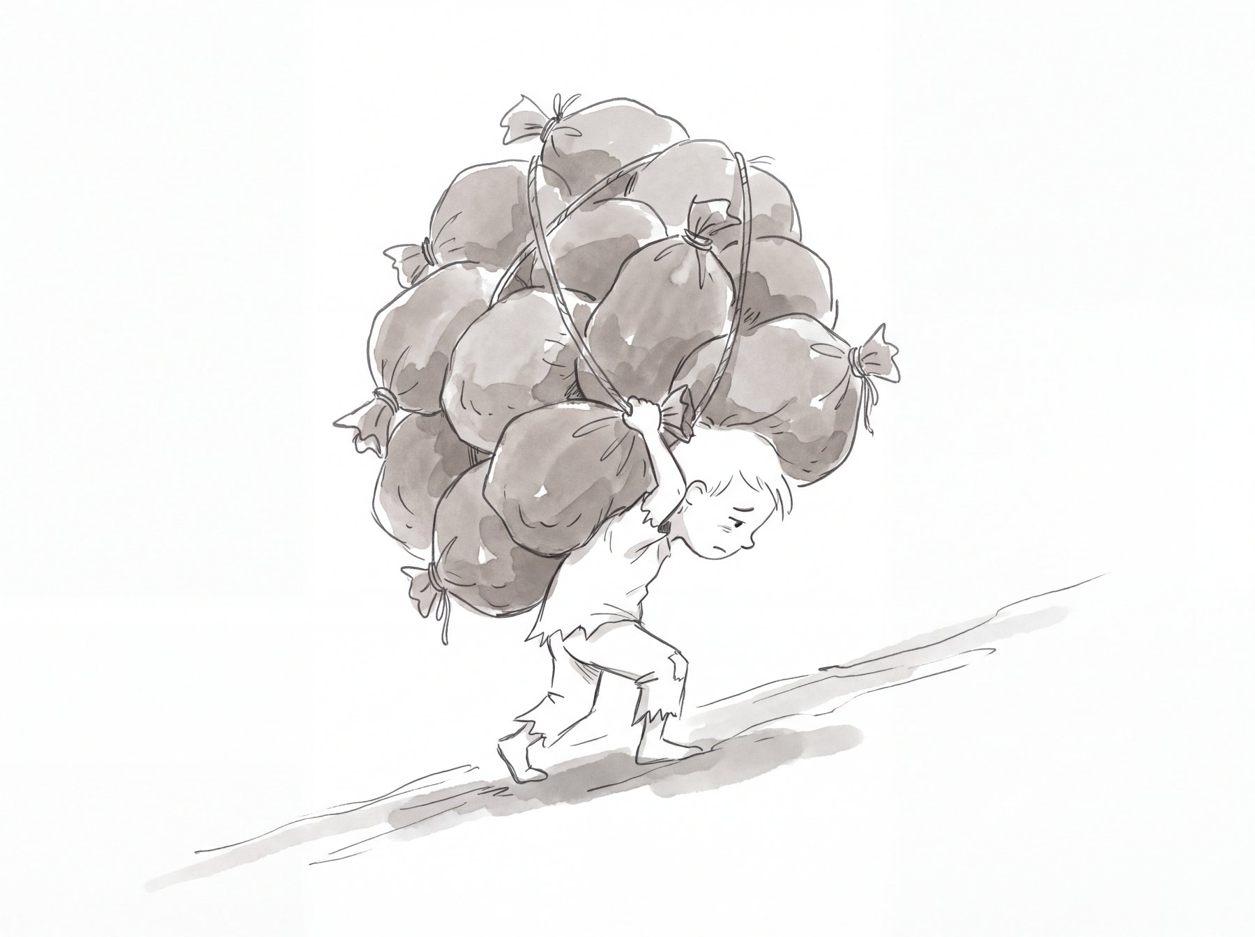An exile struggles under the load of burdens Illustration