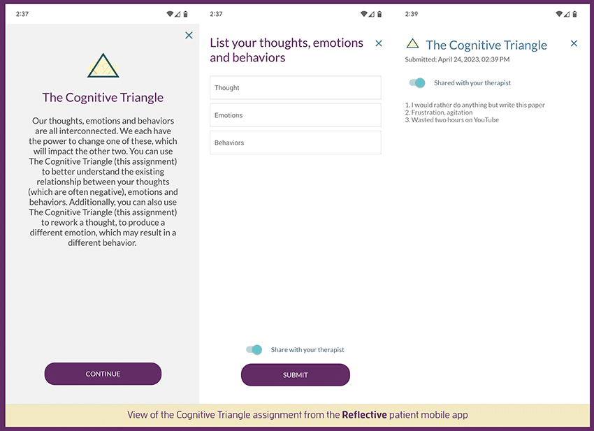 View of the Cognitive Triangle assignment in the Reflective mobile app