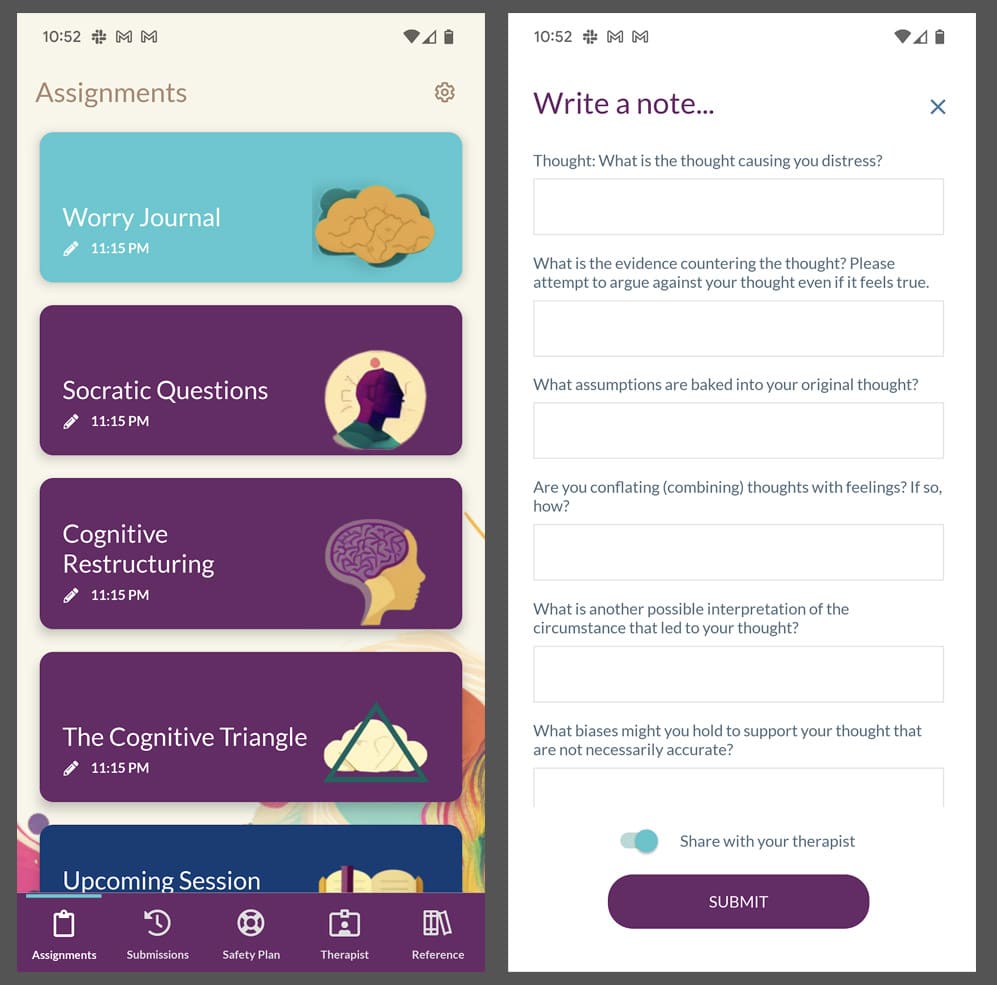 Screenshots of Socratic Questions worksheet in Reflective's patient mobile app