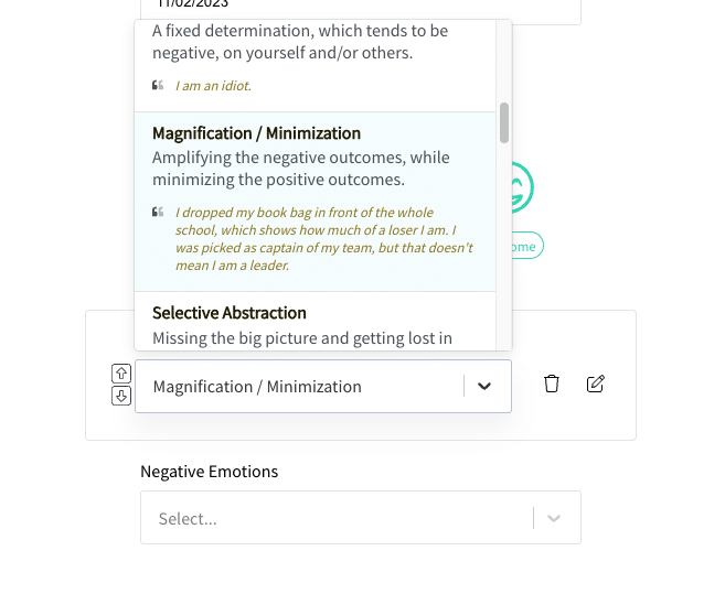 View of cognitive distortions selector in the custom assignment editor