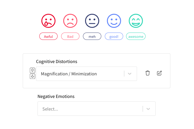 Screenshot of List of mood tracker, cognitive distortions, and negative emotion fields