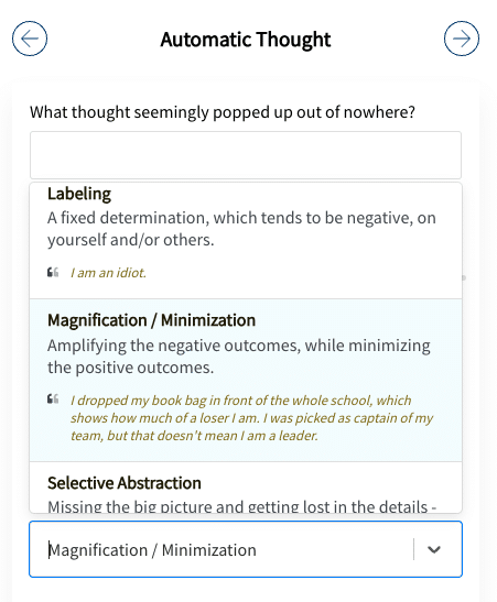 A patient chooses from a list of cognitive distortions